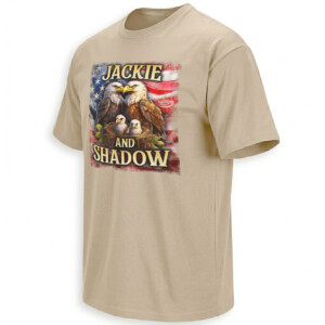 JACKIE AND SHADOW SHIRT – Big Bear Bald Eagle Family American Flag Tee S