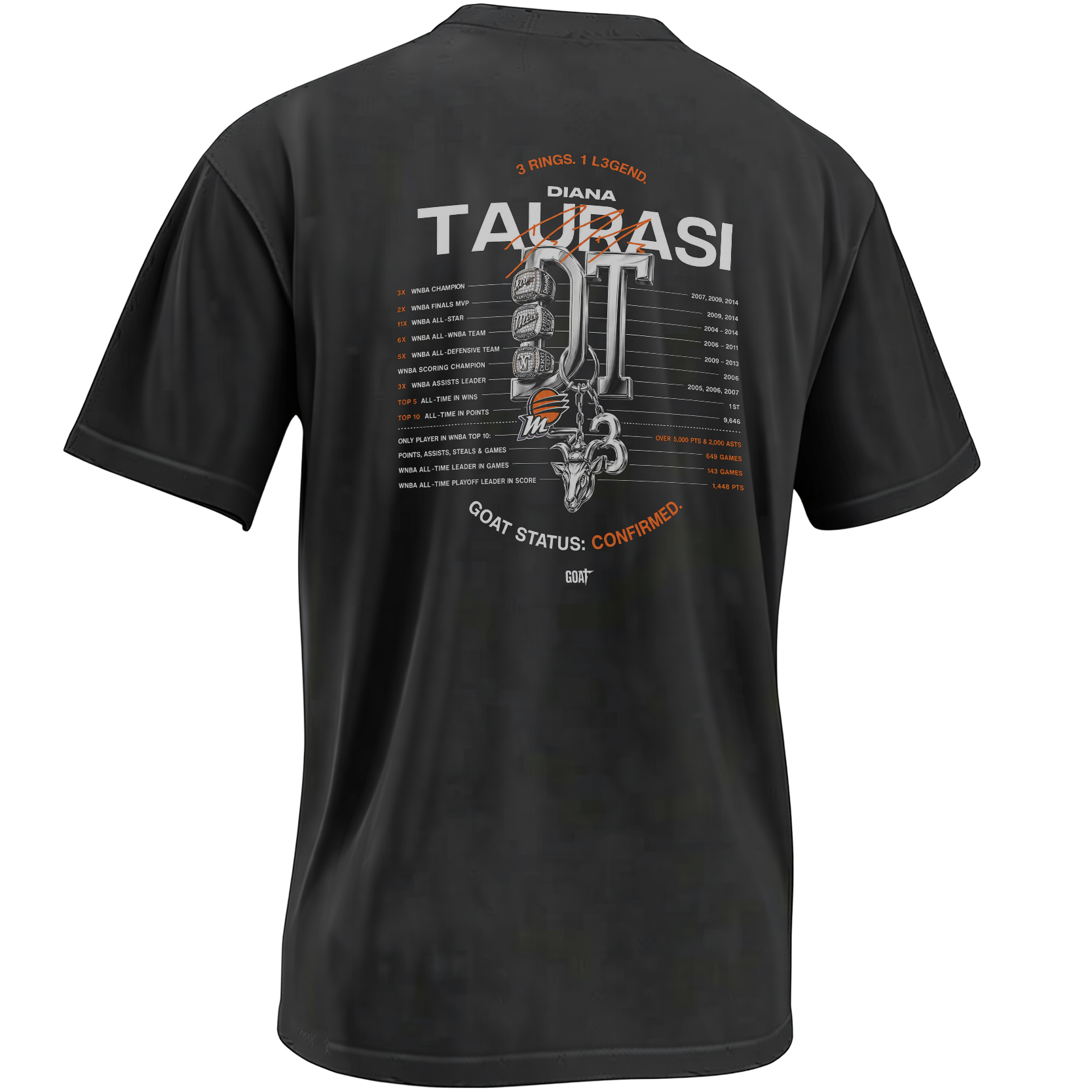 DIANA TAURASI GOAT STATUS SHIRT – 3 Rings, 1 L3gend Career Résumé Tee B DIANA TAURASI GOAT STATUS SHIRT – 3 Rings, 1 L3gend Career Résumé Tee B