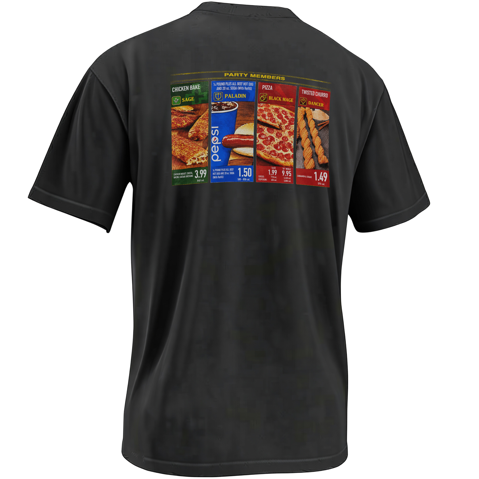 Back Party Members Costco food court RPG menu design