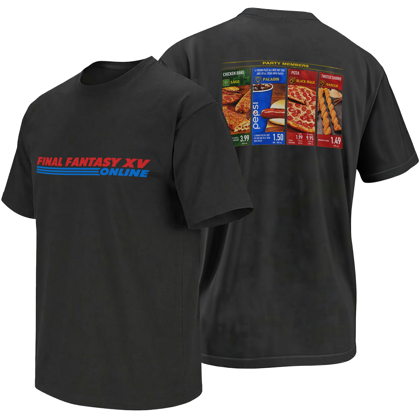 Final Fantasy XV Online Costco Party Members front and back menu parody shirt