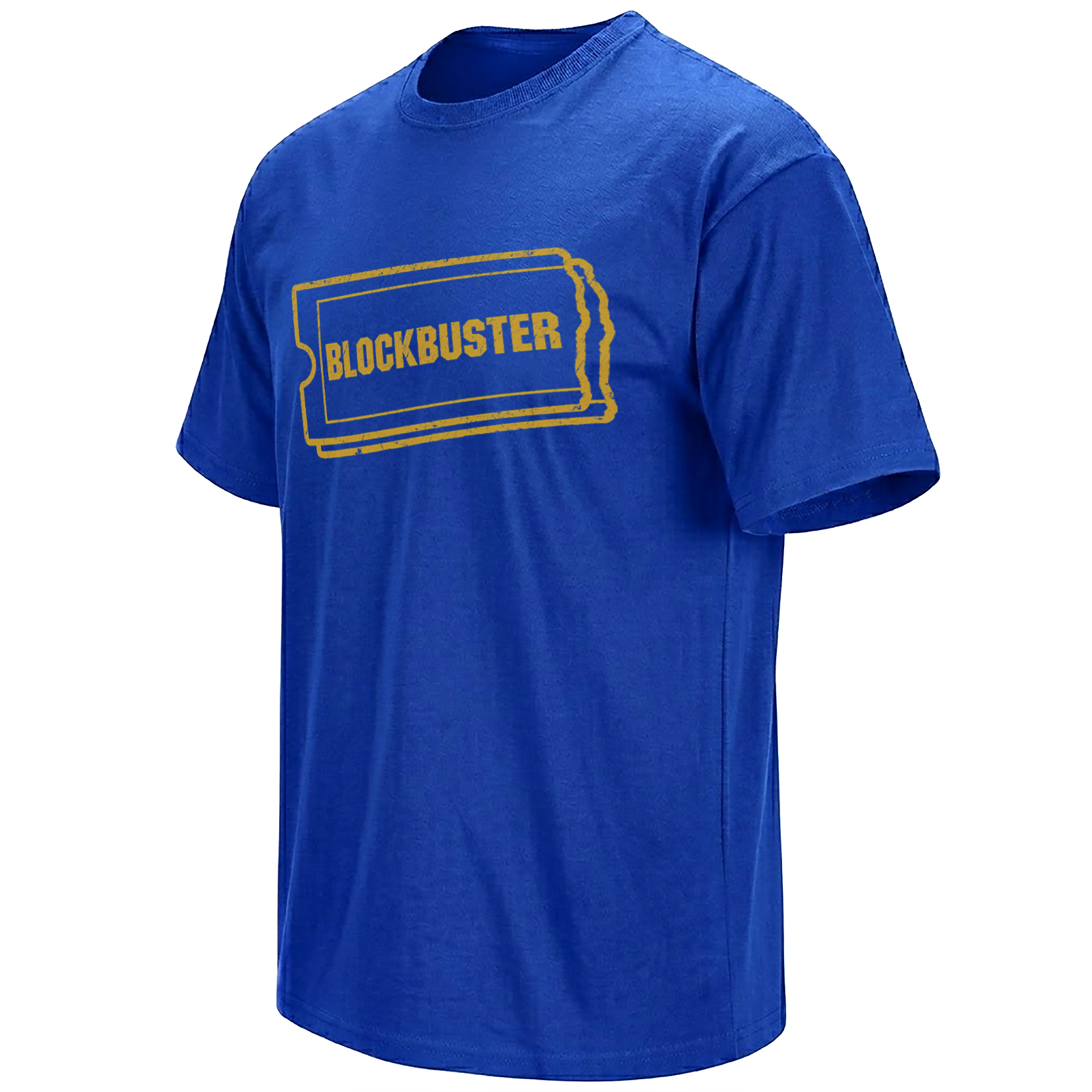 Blockbuster Shirt Retro Video Rental graphic tee featuring classic blue and yellow ticket stub artwork