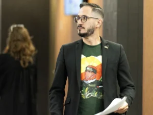 Frederic Biron Carmel, the suspect in the burning of an Israeli flag outside Hampstead city hall, appears in court in Montreal on Sept. 2, 2026. Photo by (Allen McInnis / MONTREAL GAZETTE)