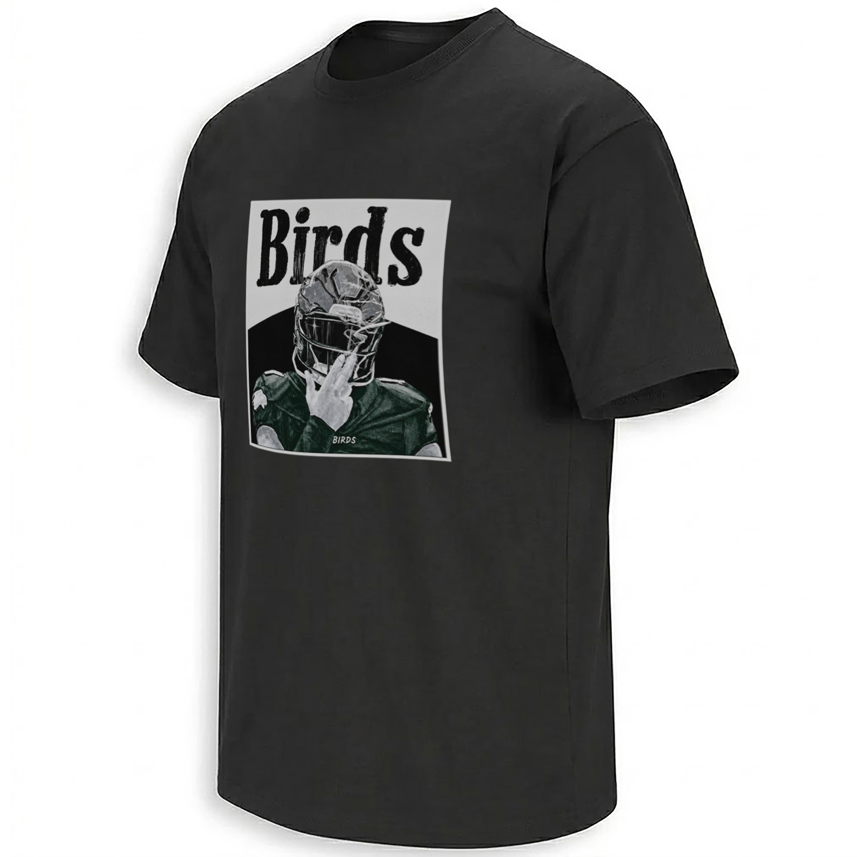 Front of Smoke Em Birds Philadelphia Eagles shirt with distressed Birds lettering and anonymous helmeted football figure