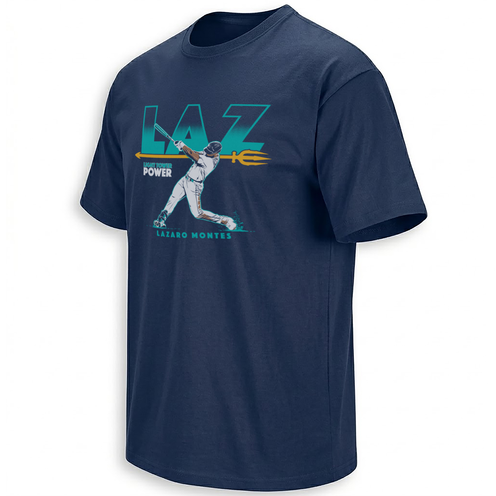 LAZ Lazaro Montes Light Tower Power Seattle baseball graphic with gold trident