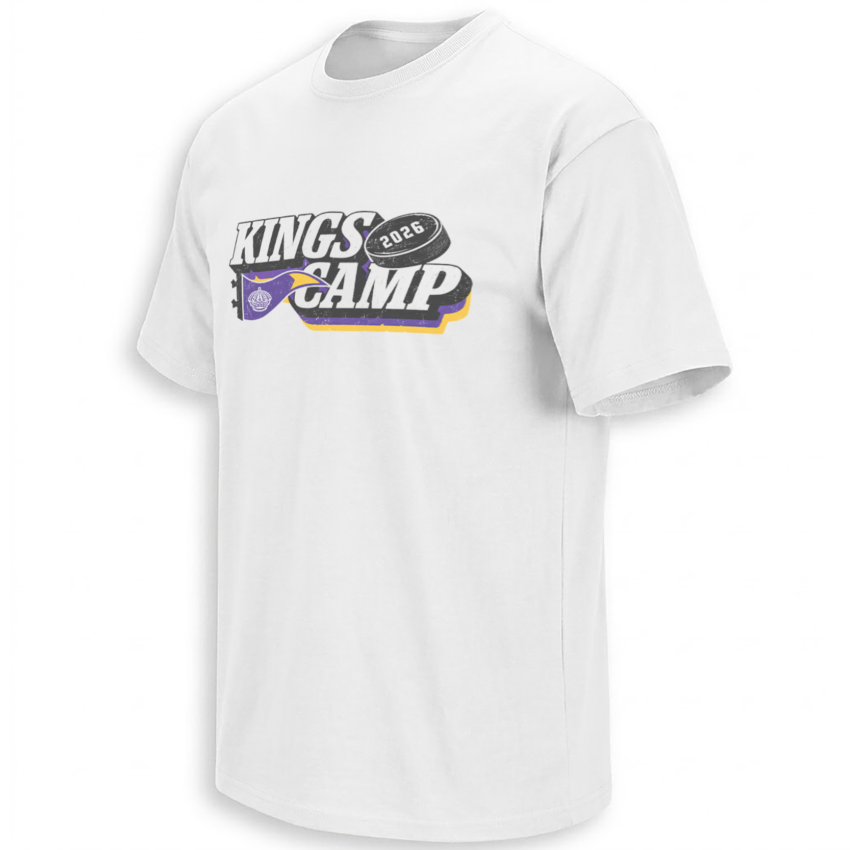 Kings Camp 2026 Los Angeles Kings training camp graphic with distressed lettering puck and purple gold accents
