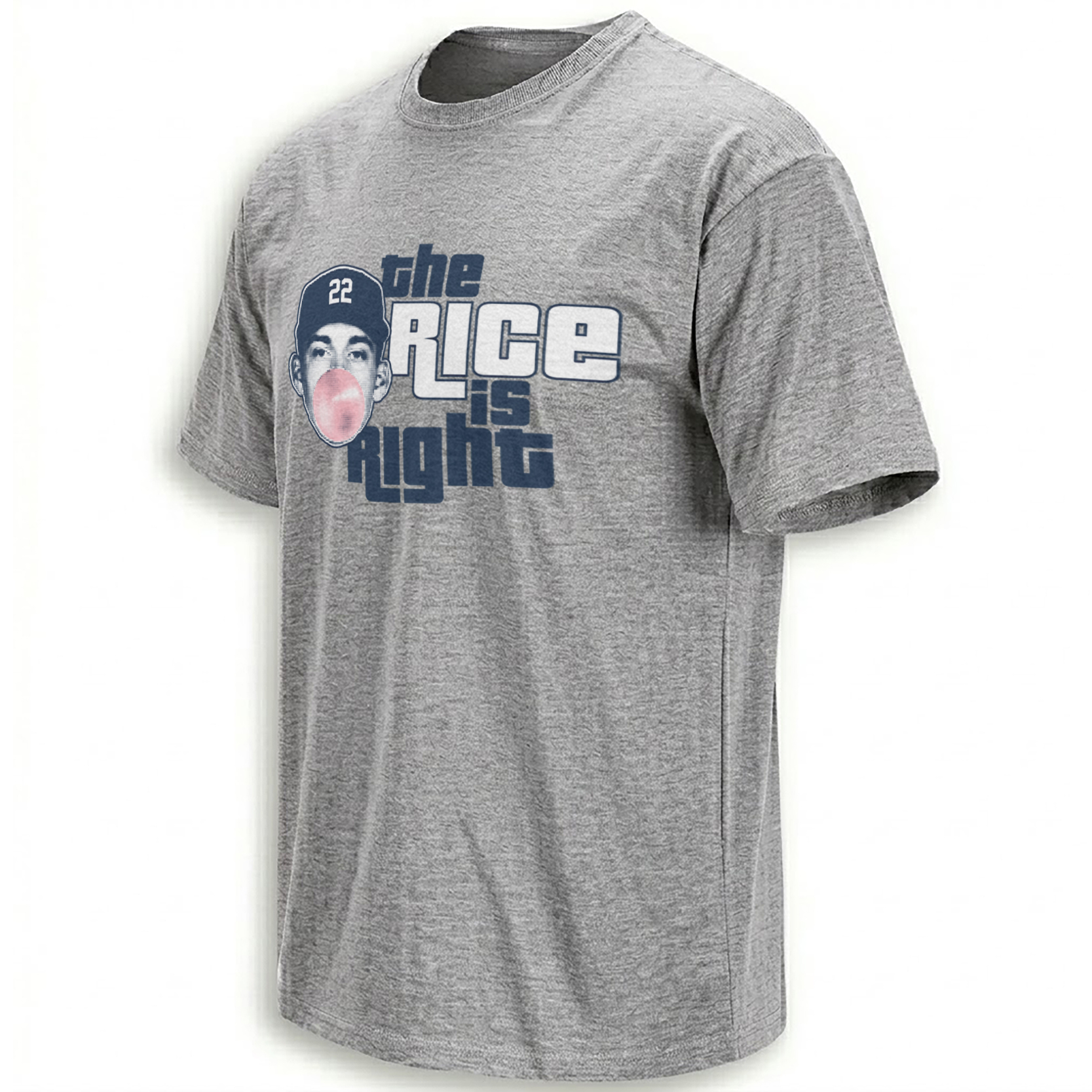 The Rice Is Right shirt featuring Ben Rice number 22 blowing pink bubble gum in retro Yankees game show artwork